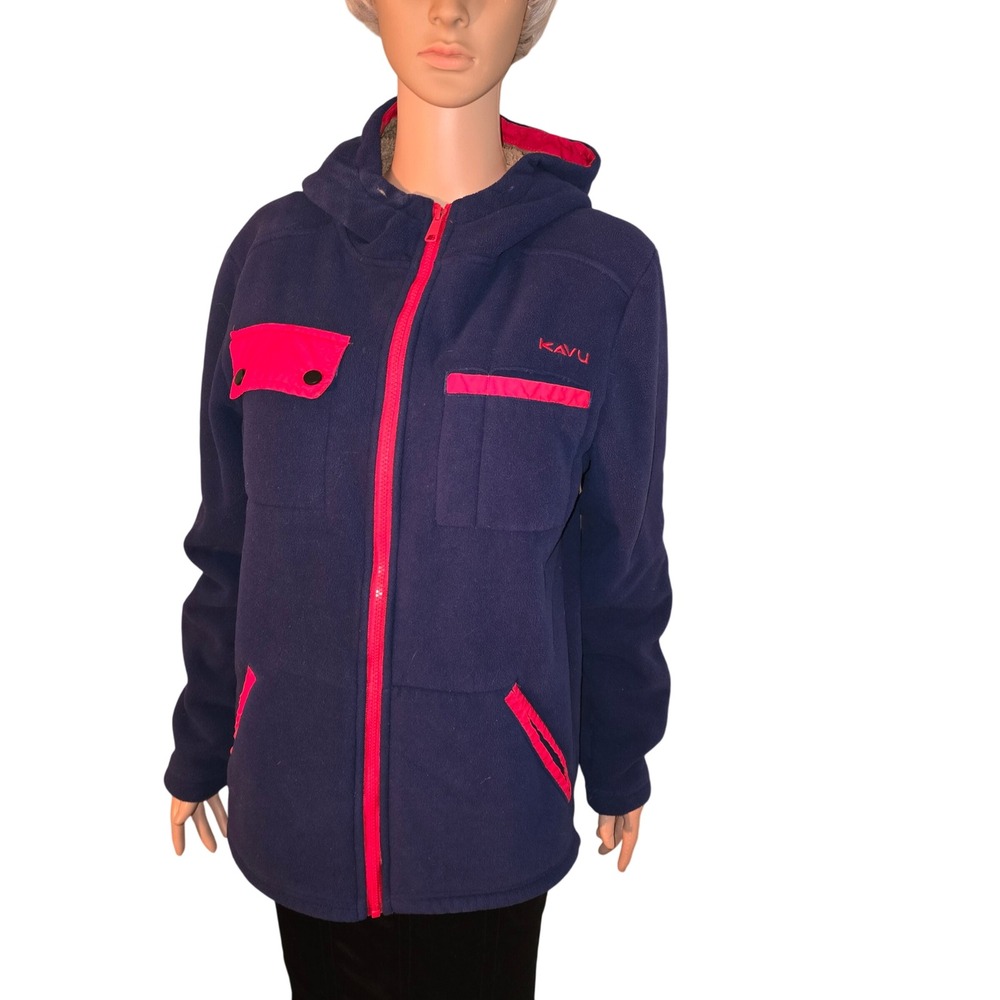 KAVU Fleece Jacket Sherpa Lined Hooded Full Zip Pockets‎ Blue Red Small